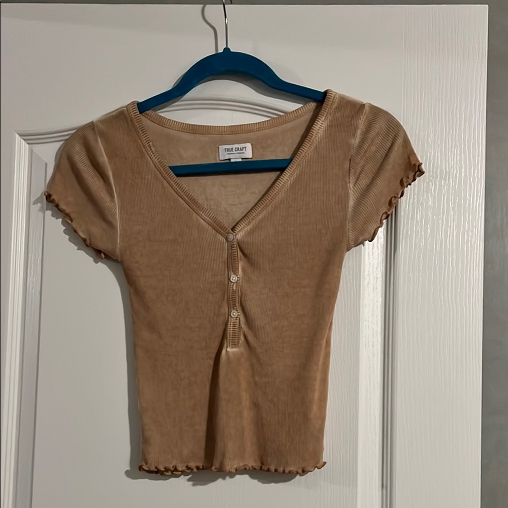 True Craft Tan Fitted Cap Sleeve Blouse
